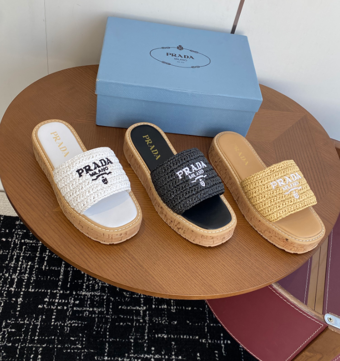 Prada Raffia Cork Flatform Slide Sandals