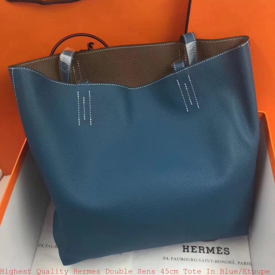 Highest Quality Hermes Double Sens 45cm Tote In Blue/Etoupe Leather